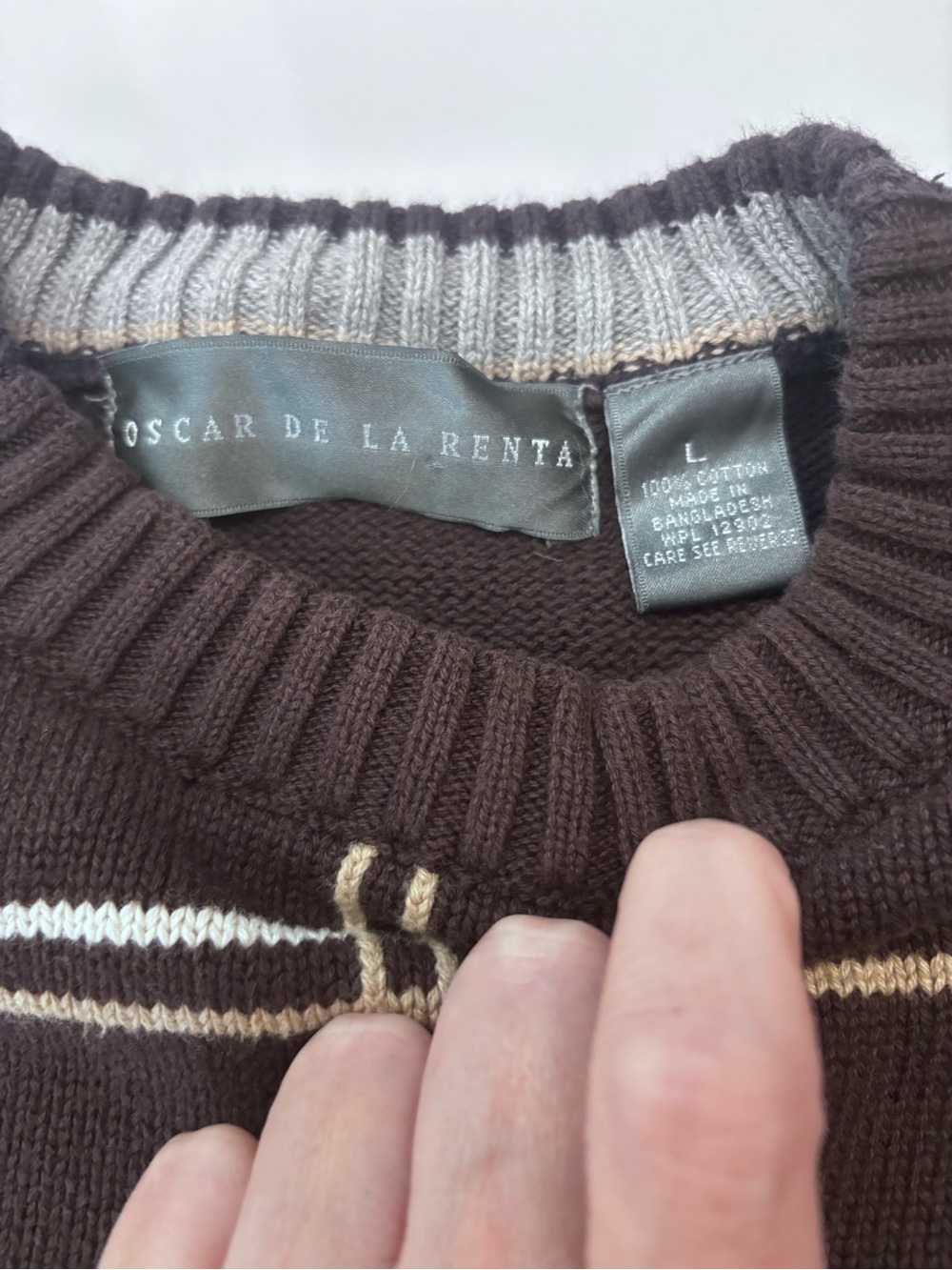 Oscar de la Renta Brown Crewneck Sweater with Cream and Gray Stripes